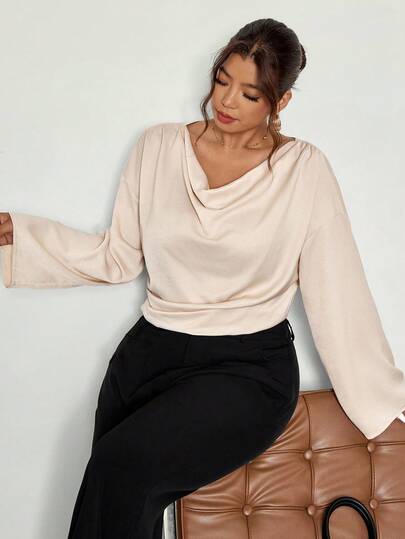 Firerie Plus Size Elegant Commuter Solid Color Lapel Flare Sleeve Shirt