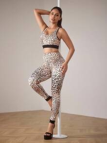 Menodora SHEIN Sport Women's Leopard Print Casual Sportswear Set Leopard Print Two Piece Set Tights Two Piece Set Women Leopard Leggings Leopard Sports Bra - Yellow - View 3