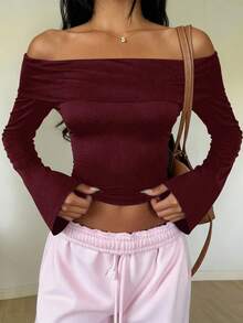 SHEIN EZwear Áo hở vai tay dài dáng xòe ôm vừa vặn dành cho nữ, phù hợp cho mùa thu/đông - Màu Đỏ Sâu - Xem 4
