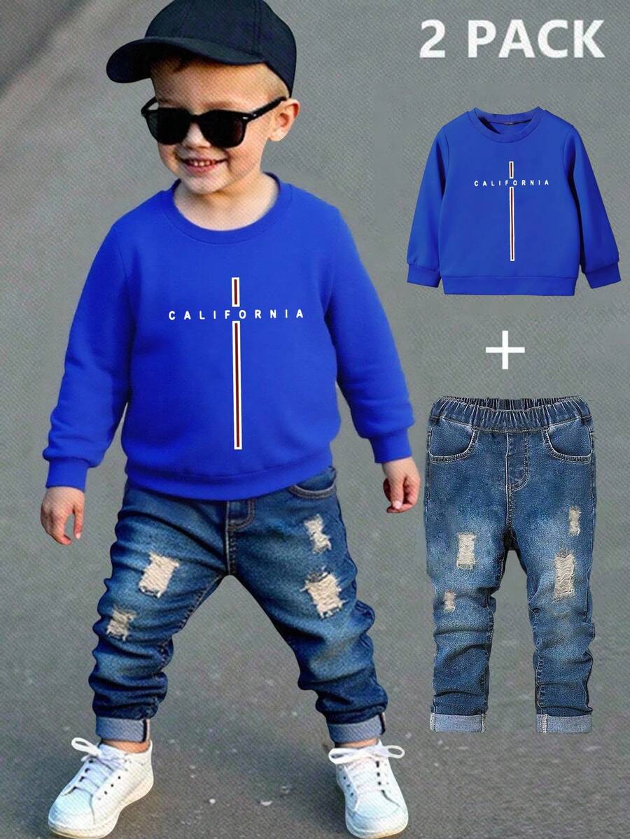 2pcs Young Boys Casual Fashion Minimalist California Cross Letter Graphic Black Crew Neck Sweatshirt And Denim Jeans Outfit, Fall Clothing Set - Multicolor - View 1