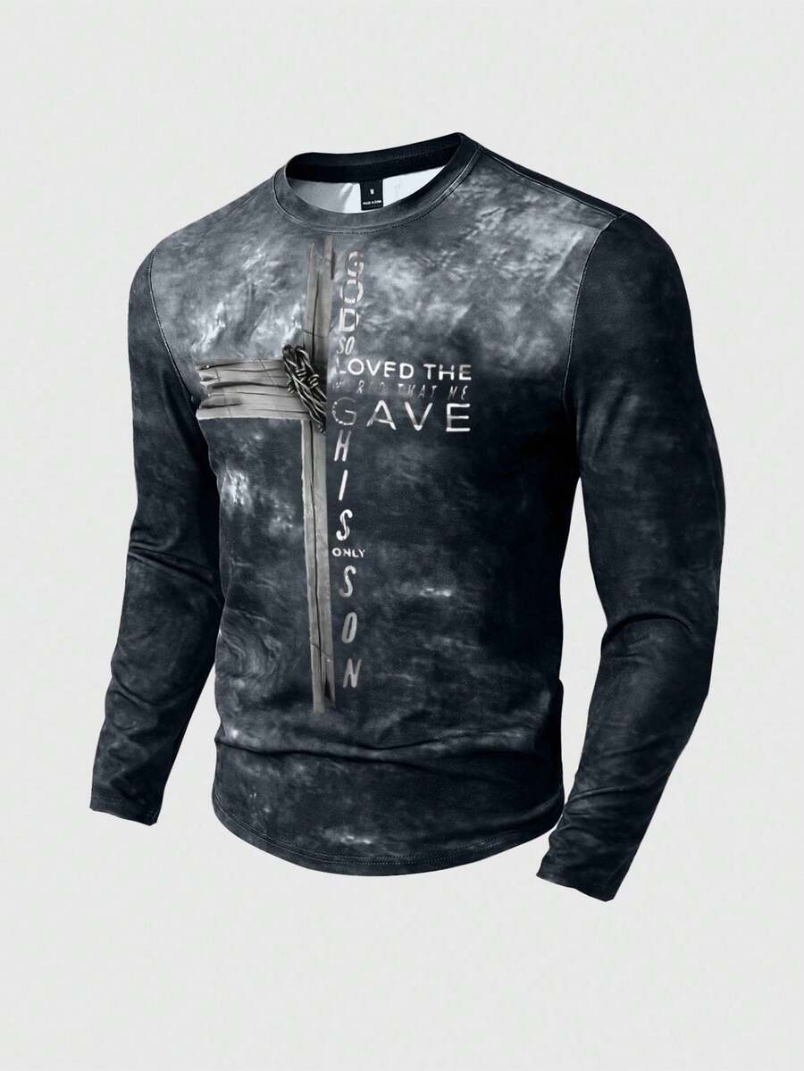 Manfinity LEGND 男士休闲时尚街头扎染十字架和标语印花宽松长袖 T 恤，春秋季 - 黑色 - 查看 1