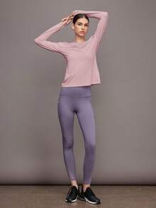 Activina 1pc Women's Solid Color Round Neck Long Sleeve Casual Fitness Sports T-Shirt - Violet Purple - View 3