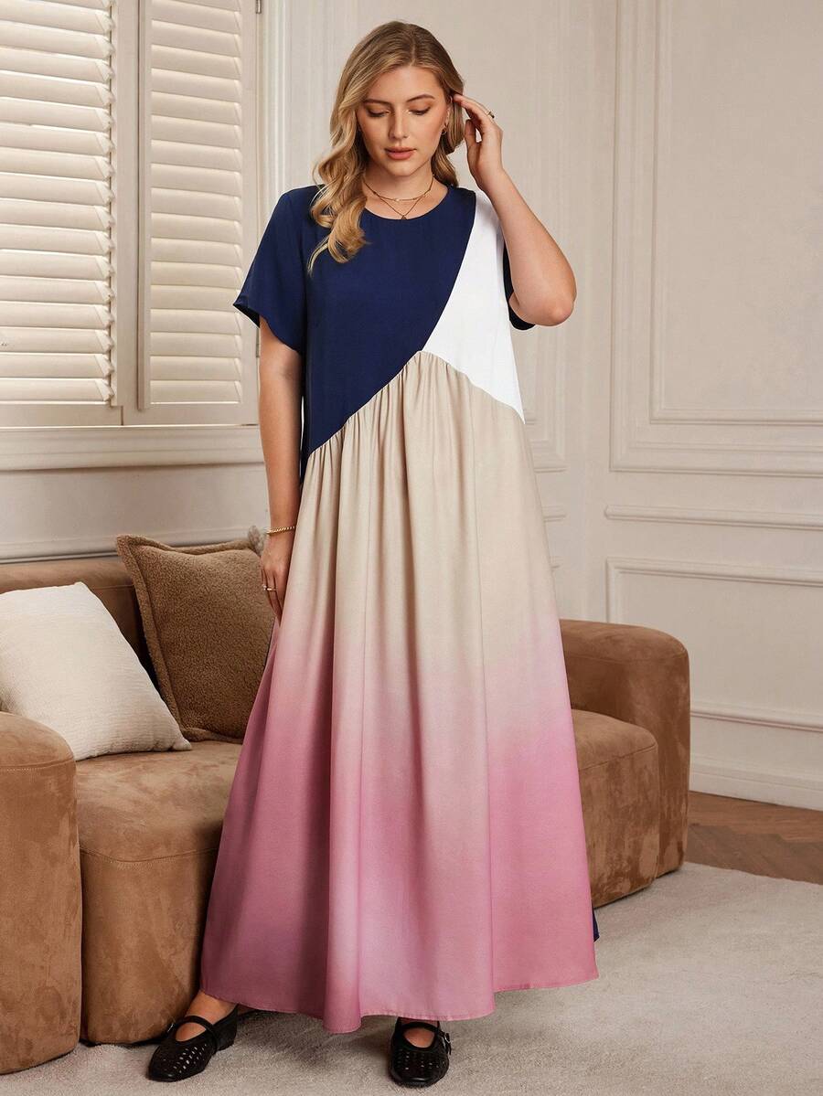 Rosumi Plus Size Simple Solid Color Patchwork Round Neck Short Sleeve Casual Long Dress,Vacation Outfits Woman,Summer Clothes