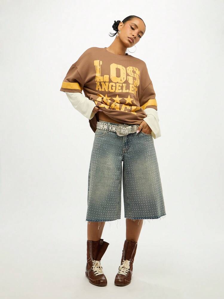 SUMWON WOMEN Crystal Studded Wide Leg Denim Culotte Shorts With Raw Hem