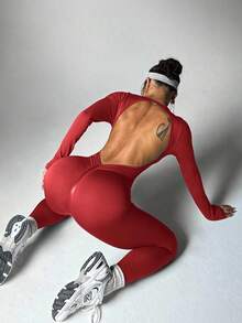 Dewbera Damen einfarbiger minimalistischer rückenfreier Jumpsuit mit Langarm, Lässig kleidung - Bordeaux - Übersicht 6