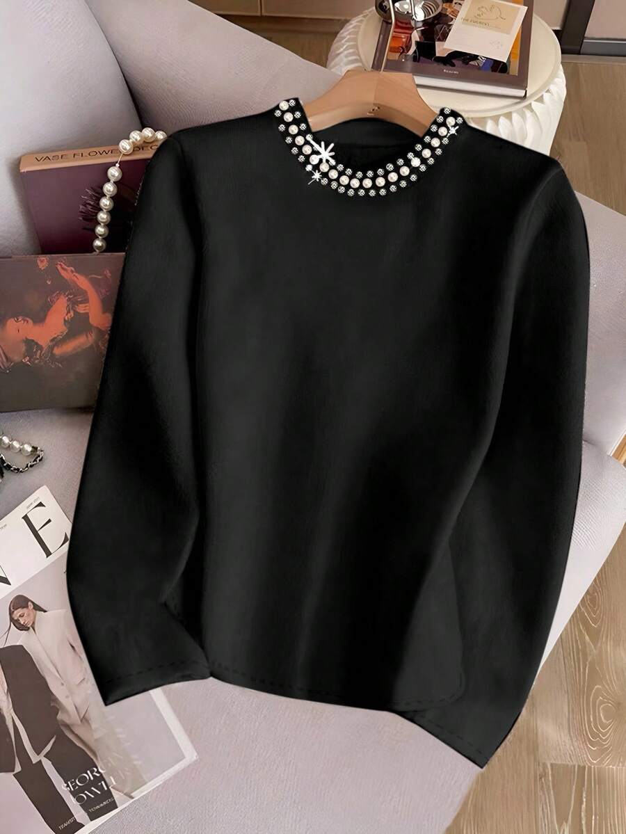 SHEIN Women's Solid Color Round Neck Long Sleeve T-Shirt With Faux Pearl Embellished Patchwork - Black - View 1