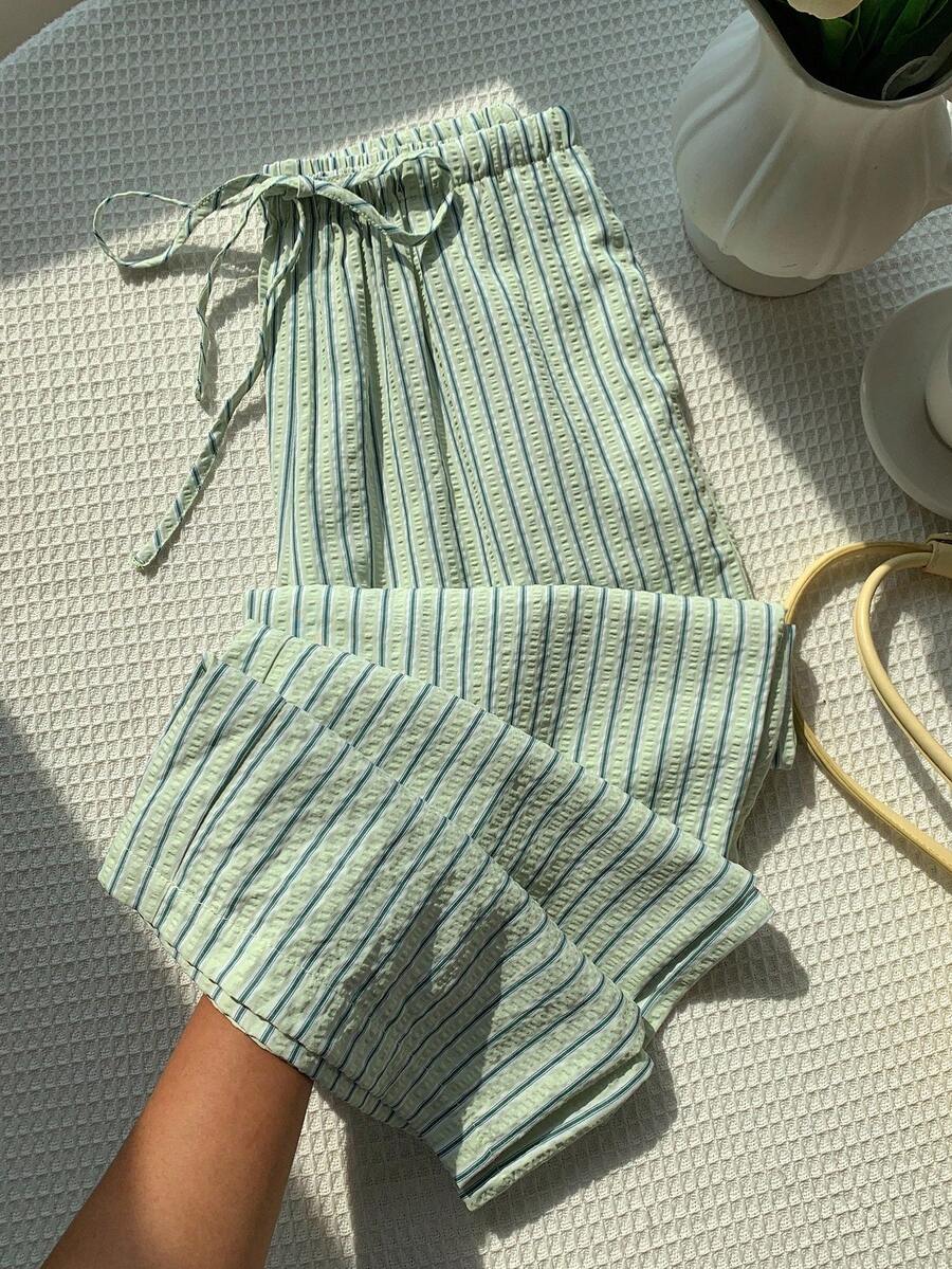 Solflare Mint Green Plus Size Women's Belted Striped Pants, Spring/Summer - Mint Green - View 1