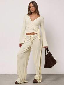 SHEIN BAE Women's Yellow Solid Color Simple Cashmere Knitted Open Placket Wrap Asymmetrical Strap Long-Sleeved Top, Autumn Top, Go Out, Home Leisure, Casual Top For Women,Casual Outfit For Women, Thanksgiving Outfit For Women,Christmas Clothes,Autumn Outfits For Women,