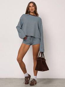 SHEIN BAE Casual Everyday Contrast Stripe Loose Fit Drop Shoulder T-Shirt Striped Top Striped Oversized Striped Top Stripe Long Sleeve Striped Striped Striped Long Sleeve Top,Fall Tops, Spring/Autumn,Going Out Tops, Simple Tops, Fashion Tops,,T Shirts Women,Oversized T Shirt,Old Money Style Women