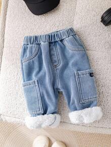 SHEIN 男婴保暖内衬休闲牛仔裤，适合秋冬季室内、室外、日常穿着、运动、玩耍、派对、节日、锐舞派对、滑雪等场合。