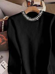 SHEIN Women's Solid Color Round Neck Long Sleeve T-Shirt With Faux Pearl Embellished Patchwork - Black - View 3