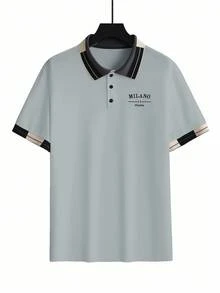 Manfinity Mode 男士串珠刺绣罗纹领短袖休闲 Polo 衫 - 淺灰色 - 查看 3