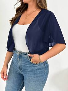 SHEIN Essnce Áo khoác cardigan tay ngắn bằng chiffon dáng rộng, thoải mái, thoáng mát, thoáng khí dành cho nữ cỡ lớn, thích hợp mặc hàng ngày vào mùa xuân và hè, áo khoác chống nắng, áo đi biển, áo kiểu dự tiệc. - Màu xanh hải quân - Xem 3