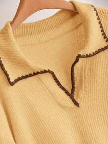 CosyJoli Sweater Pullover Leher V Kasual Ukuran Besar dengan Blok Warna dan Hiasan Gigi Anjing untuk Wanita, Pakaian Musim Gugur dan Musim Dingin - Kuning - View 4