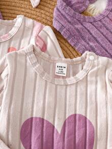 3pcs/Set Newborn Infant Cozy Ribbed Fleece Heart Print Pajamas, Comfortable & Fashionable Casual Homewear, Suitable For Spring & Autumn - Multicolor - View 5