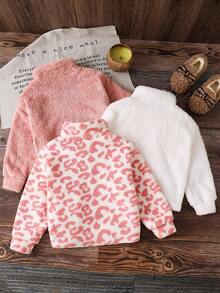 SHEIN Set de 3 sudaderas cortas con cuello alto y media cremallera, de estilo casual, con estampado de leopardo rosa y forro polar reversible, para niñas jóvenes, cálidas para otoño e invierno - Multicolor - Ver 2