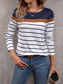 SHEIN Unity 条纹印花拼色T恤 图案T恤 女式上衣 - 藏蓝色 - 查看 3