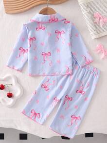 2 件套女婴樱桃印花长袖开衫和裤子睡衣套装，梭织面料 - 藍色 - 查看 2