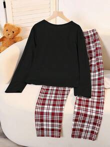 少女圣诞睡衣套装 - 姜饼印花牛奶丝黑色长袖上衣和格子宽松舒适裤，两件套圣诞主题服装 - 黑色 - 查看 2