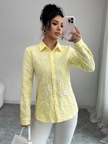 Selianne 女士腰果提花纹理单排扣长袖衬衫 - 黃色 - 查看 7