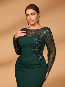 Serin Plus Size Elegant Dark Green Winter Formal Wedding Guest Dress,Boat Neck Long Sleeve Beaded Patchwork Knit Mermaid Mother Of The Bride - Green - View 3