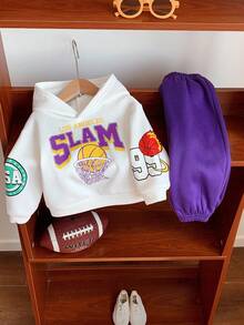 SHEIN 2件套男婴可爱卡通字母印花针织卫衣和运动裤套装，休闲运动，秋冬季男婴篮球服，男童篮球服，男婴足球服，男婴篮球服套装 - 彩色 - 查看 7