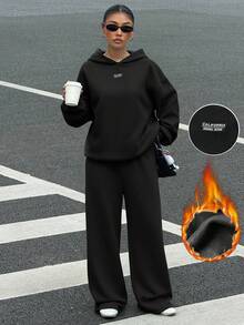 SHEIN EZwear 黑色休闲宽松连帽衫和运动裤字母印花街头风格大码套装，秋冬 - 黑色 - 查看 2
