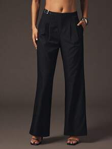 Hauture Formal Old Money Business Office Side Belt Detail Front Overlap Straight Leg Pant - Black - View 1
