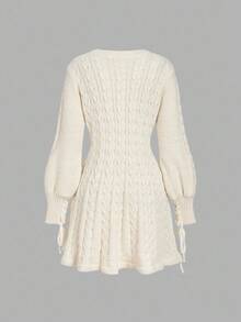 SHEIN MOD Women's Elegant Cream White Cable Knit Sweater Dress,V-Neck Long Sleeve Knitted Jumper Dress,Autumn/Winter Thanksgiving,Christmas & Tea Party Outfit - Apricot - View 3