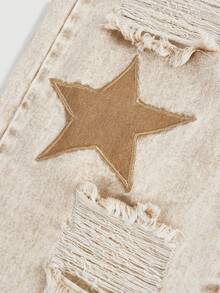 SHEIN Girlism Y2K 垃圾朋克女童宽松破洞星星拼色撞色阔腿男友牛仔裤，校园风，街头风 - 卡其色 - 查看 4