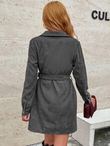EMERY ROSE Women's Casual Solid Color Waist Tie Long Sleeve Dress - Dark Grey - View 2