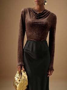 Lyxana Striped Velvet Drape Neck Long Sleeve Elegant Party T-Shirt For Women - Coffee Brown - View 4