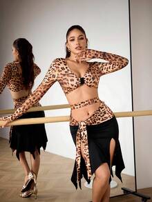 Menodora SHEIN Sport Women's Fashionable Sexy Leopard Hollow-Out Latin Dance Outfit - Brown - View 4