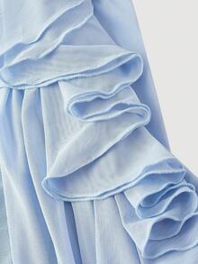 SHEIN MOD 女式纯色褶皱荷叶边下摆连衣裙不对称下摆中长连衣裙蓝色细肩带连衣裙 - 藍色 - 查看 4