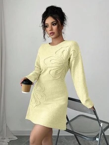 Selianne 女士优雅圆领长袖超大刺绣花卉长款毛衣裙，适合多种场合和季节，秋冬 - 黃色 - 查看 5