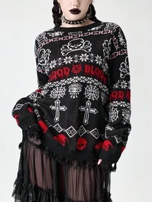 ROMWE Christmas Gothic Christmas Skeleton, Bat, Bull Head, Snowflake, Fair Isle Cross, Spider Web Eye Pattern Jacquard Loose Fit Women Sweater - Black and White - View 5