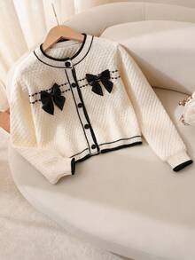 Tween Girl Elegant Sweet Cropped Chunky Knit Cardigan, Handmade Bow Detail, Suitable For Autumn/Winter - Beige - View 1