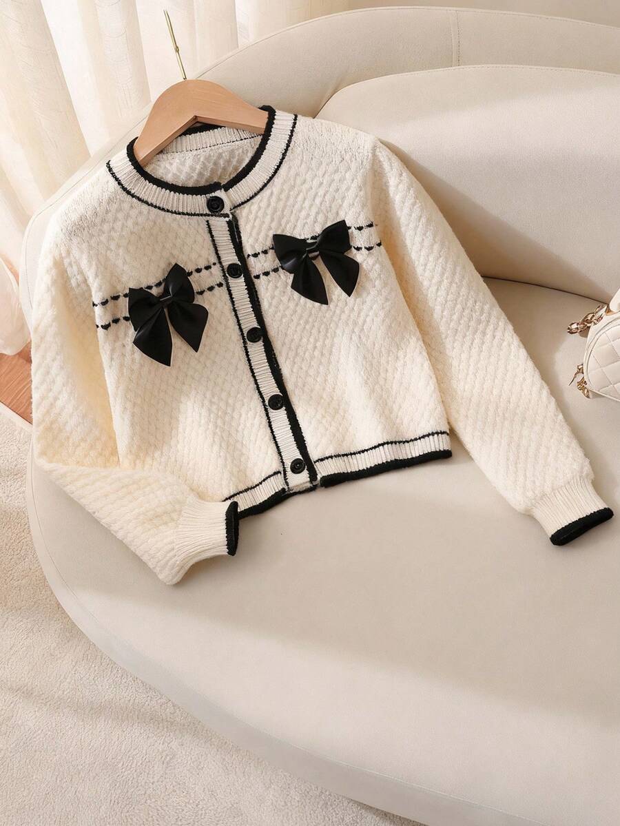 Tween Girl Elegant Sweet Cropped Chunky Knit Cardigan, Handmade Bow Detail, Suitable For Autumn/Winter - Beige - View 1