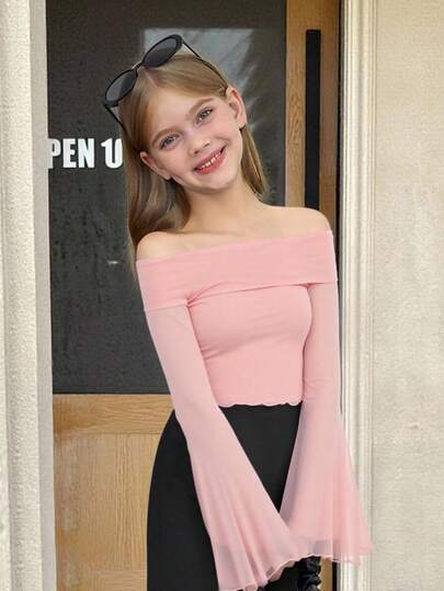 SHEIN Tween Girl Casual Minimalist Off Shoulder Cropped Flare Long Sleeve T-Shirt Solid Pink Mesh Top Off Shoulder Mesh Top, Tween Girls Pink Top, Pink Crop Top Off Shoulder Top Tween Pink Off Shoulder Top Girls Off Shoulder Top Cute Off Shoulder Top Pink Top Tween