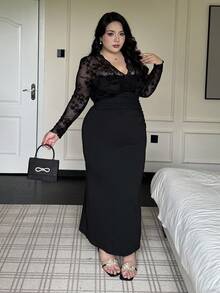 Flirla Plus Size Women's Black Long Sleeve Sexy Sheer Lace Bodycon Dress Wedding Guest Wednesday Addams - Black - View 5