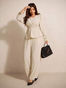 Elaquor Plus Size Casual Solid Color Cinched Waist 2 Piece Set For Women Office Old Money - Apricot - View 4