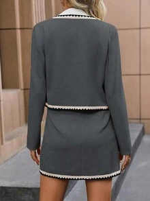 SHEIN LUNE 1 套女士珍珠纽扣装饰圆领长袖夹克和迷你裙，优雅两件套服装 - 灰色 - 查看 2