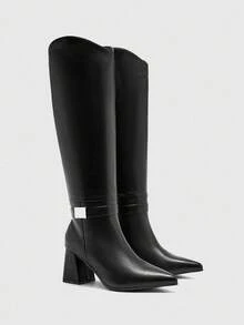 CUCCOO BIZCHIC Botas altas de tacón grueso y puntera puntiaguda de mujer, de color negro, con diseño de slip-on, versátiles para ir al trabajo, uso diario, compras, fiestas, otoño/invierno - Negro - Ver 6
