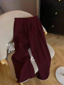 SHEIN EZwear Women's Casual Vacation Wide Leg Pants, Suitable For Summer, Suitable For Vacation,Fall,Fall Clothes For Women - Burgundy - View 7