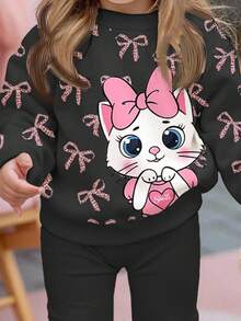 SHEIN Happikins 2pcs/Set Baby Girl Casual Loose Thick Soft Round Neck Long Sleeve Sweatshirt With Cute Cartoon Cat, Leopard Bow Print And Skinny Pants, Suitable For Autumn & Winter - Multicolor - View 6