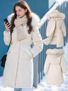 SHEIN 青少年斜口袋休闲时尚收腰宽松中长款女童可拆卸毛领夹棉大衣，百搭外套 - 米色 - 查看 7