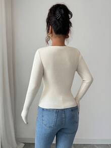 Elenzga Áo len dệt kim cổ tròn thêu kim sa thanh lịch dành cho nữ, đa năng để mặc nhiều lớp hoặc mặc riêng, thích hợp cho Giáng sinh, tiệc tùng ngày lễ - Màu be - Xem 2