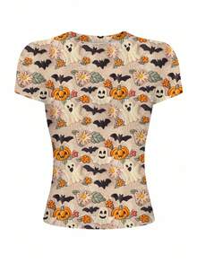 INAWLY 万圣节蜘蛛与黑猫图案印花修身女式短袖圆领T恤 - 彩色 - 查看 4