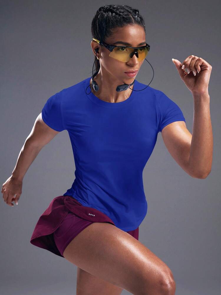 Powerista 透气柔软纯色运动压缩T恤健身房女士衬衫 - 寶藍色 - 查看 8