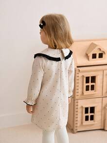 SHEIN 黑白撞色女婴荷叶边领蝴蝶结波点印花长裙，甜美优雅秋冬户外装 - 彩色 - 查看 2